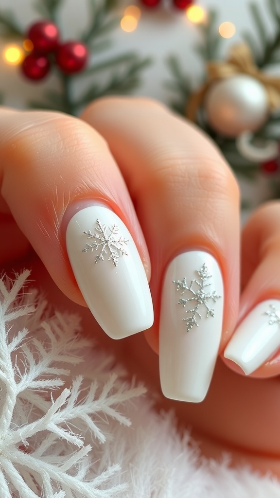 Milky white Christmas nails with snowflake designs and glitter accents.